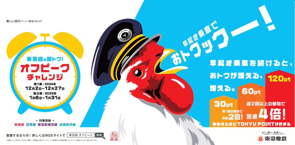 オフピーク時間帯の乗車でＴＯＫＹＵ　ＰＯＩＮＴがもらえる 「東急線の朝トク！オフピークチャレンジ」